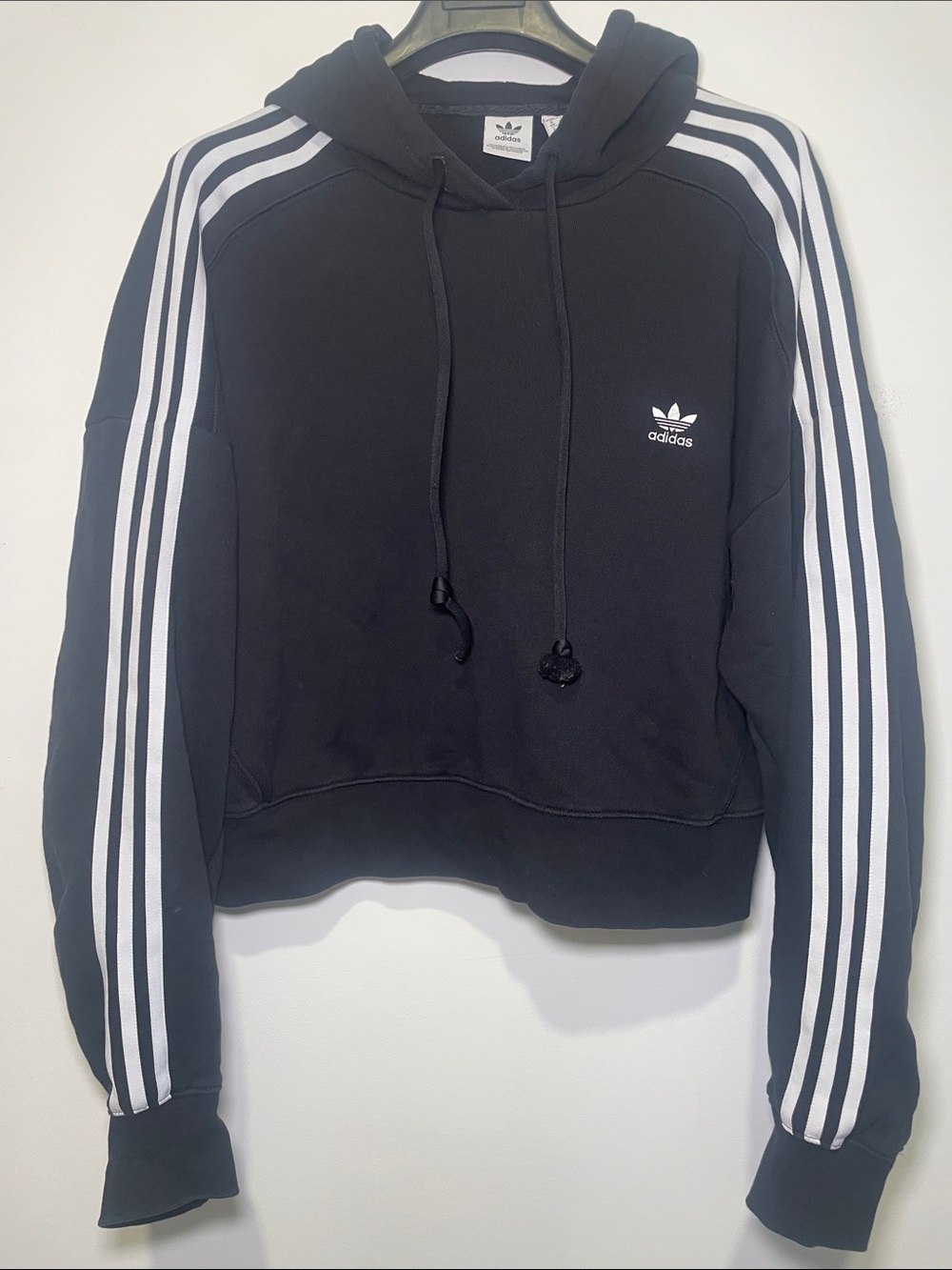 ADIDAS Hoodie Black Cropped Crewneck Sweater with White Stripes Sporty Luxury - Picture 2 of 7